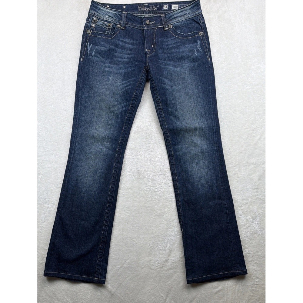 Miss Me Bootcut Jeans Womens 31 Blue Rhinestone Angel Wing Flap Pocket Low Rise - Picture 2 of 10